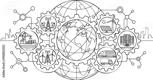Line art vector of global infrastructure network gears and industry concept