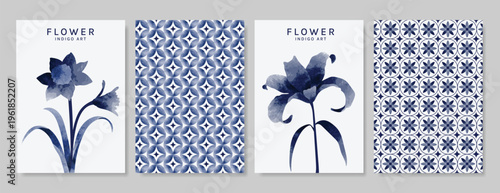 Indigo blue botanical Card Invitation, floral invite thank you, rsvp modern card Design in leaf and flower water color texture decorative Vector elegant rustic template