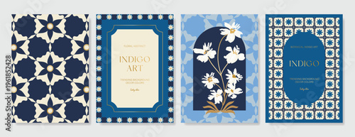 Indigo blue botanical Card Invitation, floral invite thank you, rsvp modern card Design in leaf and flower water color texture decorative Vector elegant rustic template