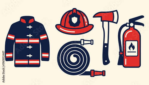 Firefighter gear equipment icons set on light background