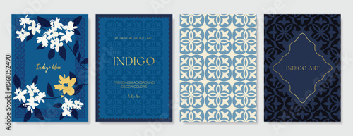 Indigo blue botanical Card Invitation, floral invite thank you, rsvp modern card Design in leaf and flower water color texture decorative Vector elegant rustic template