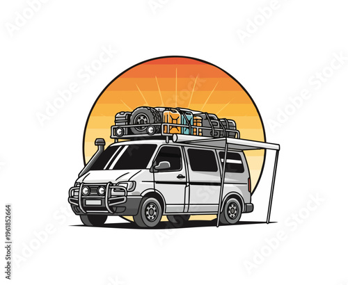 Adventure van illustration road trip expedition sunlight