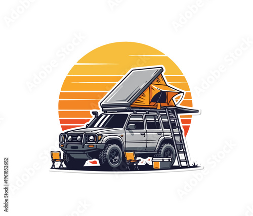 Adventure van with accessories on roof against sunset circle