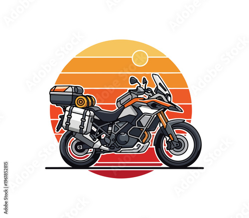 Motorcycle adventure travel illustration against sunset background