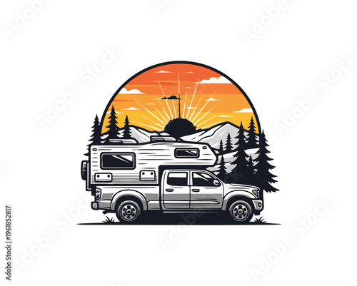 Off road camper vehicle silhouette against sunset background