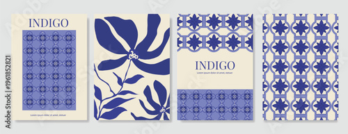 Indigo blue botanical Card Invitation, floral invite thank you, rsvp modern card Design in leaf and flower water color texture decorative Vector elegant rustic template