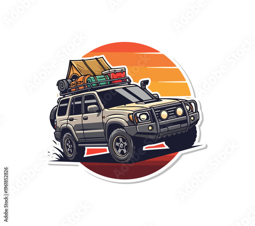 Off road vehicle adventure illustration against sunset background