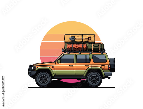 Off road vehicle adventure illustration against sunset silhouette