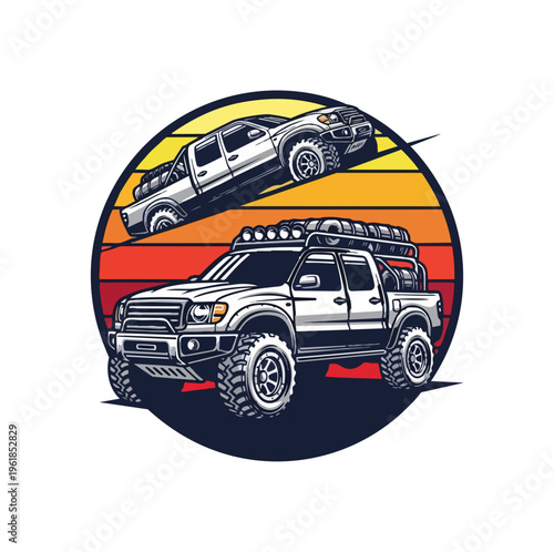 Off road trucks ascending over sunset vector illustration