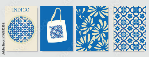 Indigo blue botanical Card Invitation, floral invite thank you, rsvp modern card Design in leaf and flower water color texture decorative Vector elegant rustic template