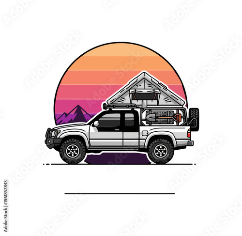 Off road vehicle camping adventure illustration against sunset