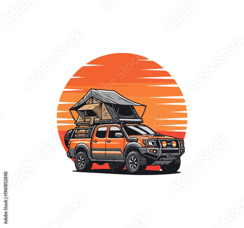 Off road vehicle camping adventure illustration against sunset