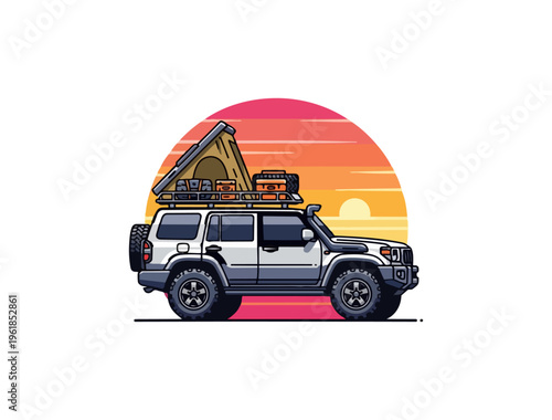 Off road vehicle camping adventure illustration against sunset background