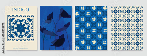 Indigo blue botanical Card Invitation, floral invite thank you, rsvp modern card Design in leaf and flower water color texture decorative Vector elegant rustic template