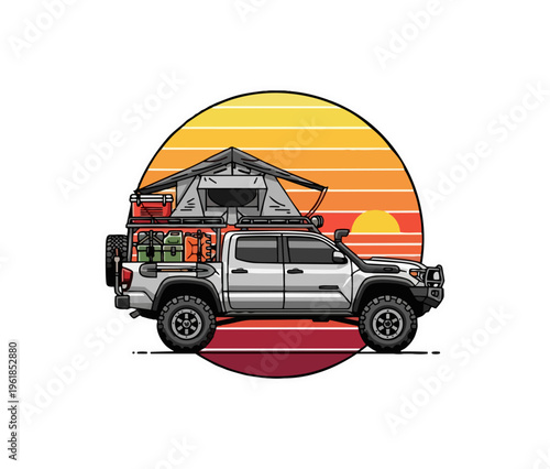Off road vehicle camping adventure illustration with sunset background