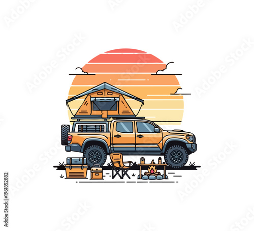 Off road vehicle camping adventure illustration against sunset