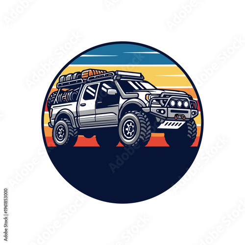 Off road vehicle silhouette against sunset vector illustration