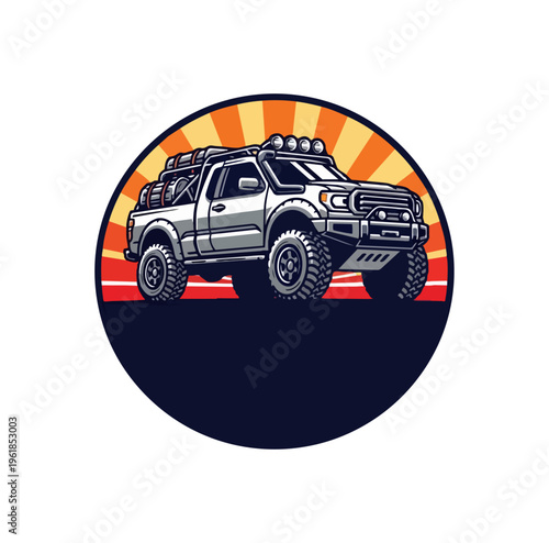Off road vehicle silhouette against sunset vector illustration