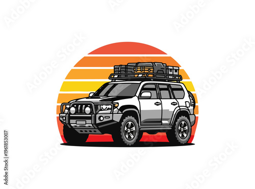 Off road vehicle silhouette against sunset vector illustration