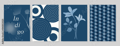 Indigo blue botanical Card Invitation, floral invite thank you, rsvp modern card Design in leaf and flower water color texture decorative Vector elegant rustic template