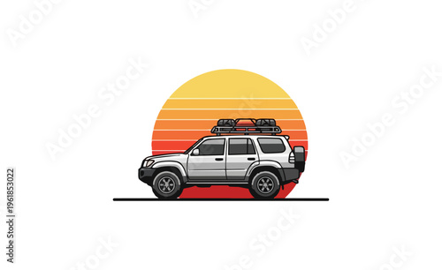 Off road vehicle silhouette against sunset vector illustration