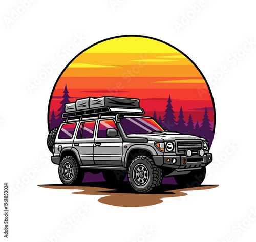 Off road vehicle silhouette against sunset with forest and travel accessories