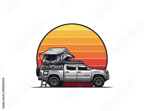 Off road vehicle with rooftop tent illustration against a sunset background
