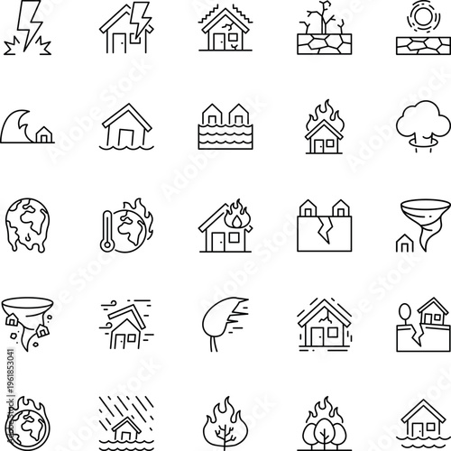 A comprehensive collection of twenty-five thin line icons representing various natural disasters