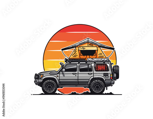 Off road vehicle with rooftop tent against sunset vector illustration