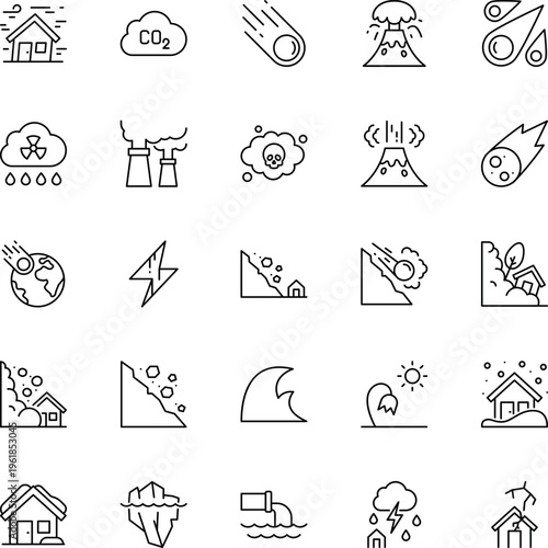 A collection of line art icons depicting various natural disasters and environmental hazards today