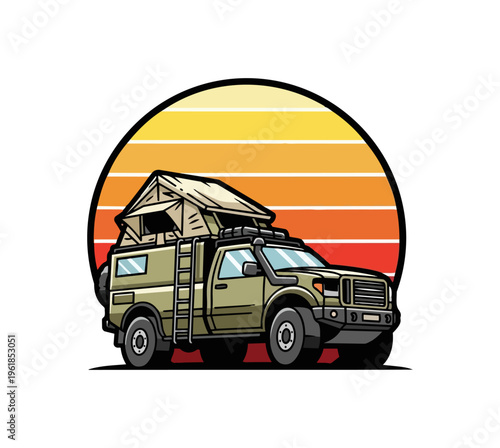 Off road vehicle with roof tent and sunset background illustration
