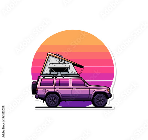 Off road vehicle with rooftop tent illustration against colorful sunset background