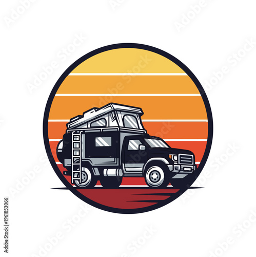 Off road vehicle with rooftop tent illustration in circular sunset design