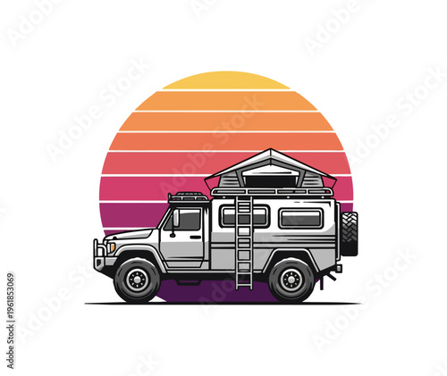 Off road vehicle with rooftop tent illustration against sunset background