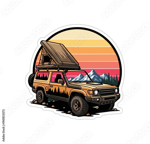 Off road vehicle with rooftop tent illustration against a sunset background