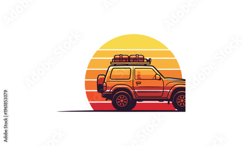 Orange off road vehicle at sunset vector illustration