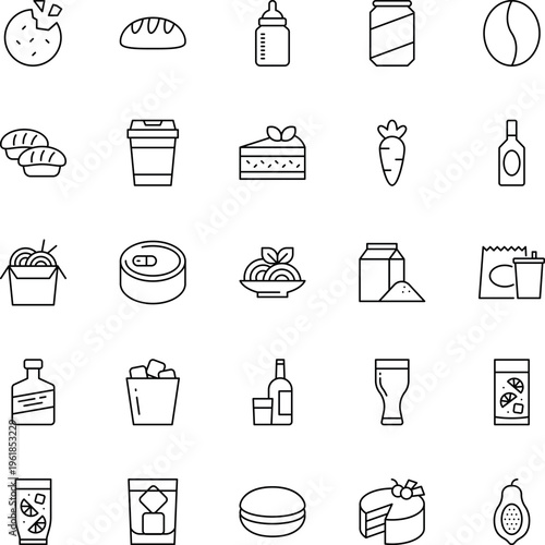 A collection of twenty-five simple black and white line art icons representing food and beverage