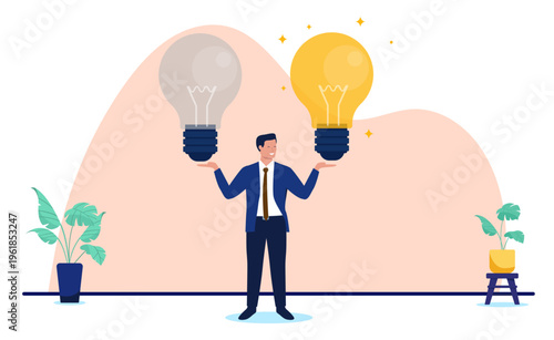 Successful businessman balancing a dim lightbulb and a glowing bright idea lamp, creative problem solving, innovation and inspiration in business, flat design vector illustration