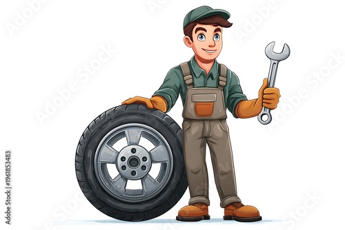 Cute cartoon mechanic character holding a wrench with a car tire isolated on white background, 3D clip art
