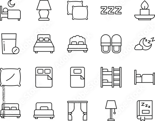 A collection of twenty simple black and white line icons representing sleep and bedroom furniture