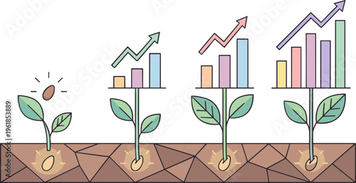 A sprouting seed grows into plants with increasing growth charts on top.