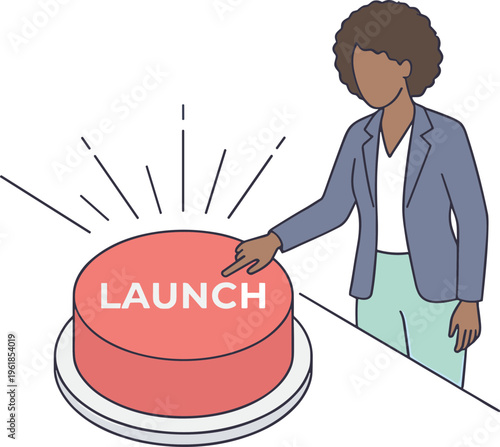 A woman in a blue jacket pressing a large red launch button on a table indoors.