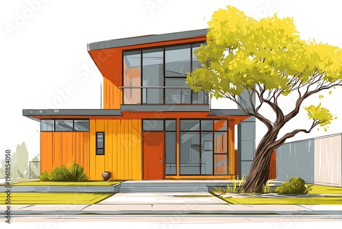 Modern two story house architecture with wooden panels isolated on white background, real estate clip art
