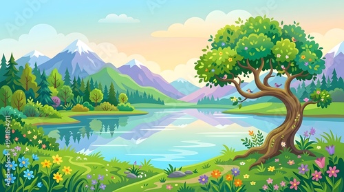 A serene digital illustration of a tree by a lake with mountains and flowers