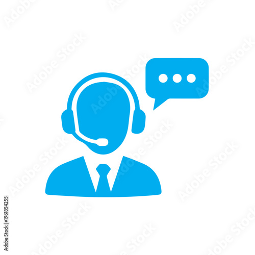 Vibrant blue illustration of a customer service representative wearing a headset beside a conversational chat box signifies.