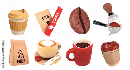 Coffee isolated 3D vector icon render illustration set with disposable cups, coffee beans for menu design, packaging, and digital content related to coffee culture