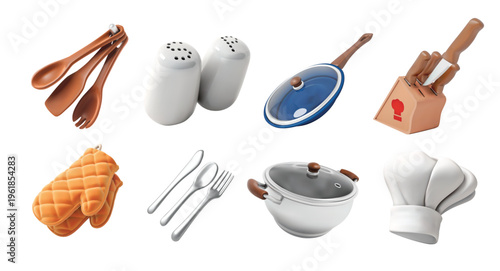 kitchen tools isolated 3D vector icon render illustration set with cooking utensils, salt and pepper shakers, frying pan, knife block, oven mitts, cooking pot, and chef hat