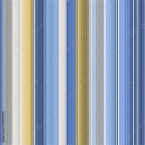 Light grandmillennial stripe surface design tile stylize pattern with vertical lines in blue, gold, gray, and white tones creating classic and elegant textile or wallpaper effect