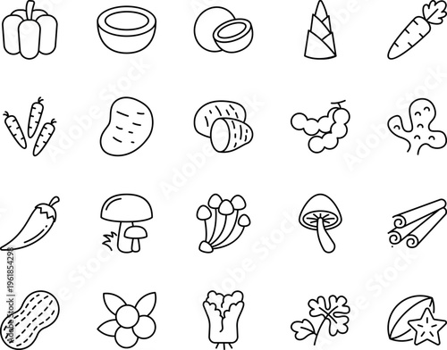A collection of various vegetable and food ingredient outline icons in a clean minimalist style