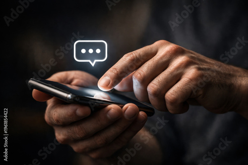Man using smartphone with glowing chat message icon in dark background